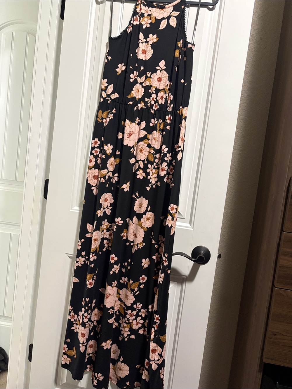 French Grey Black Maxi Dress with Pink Floral Print